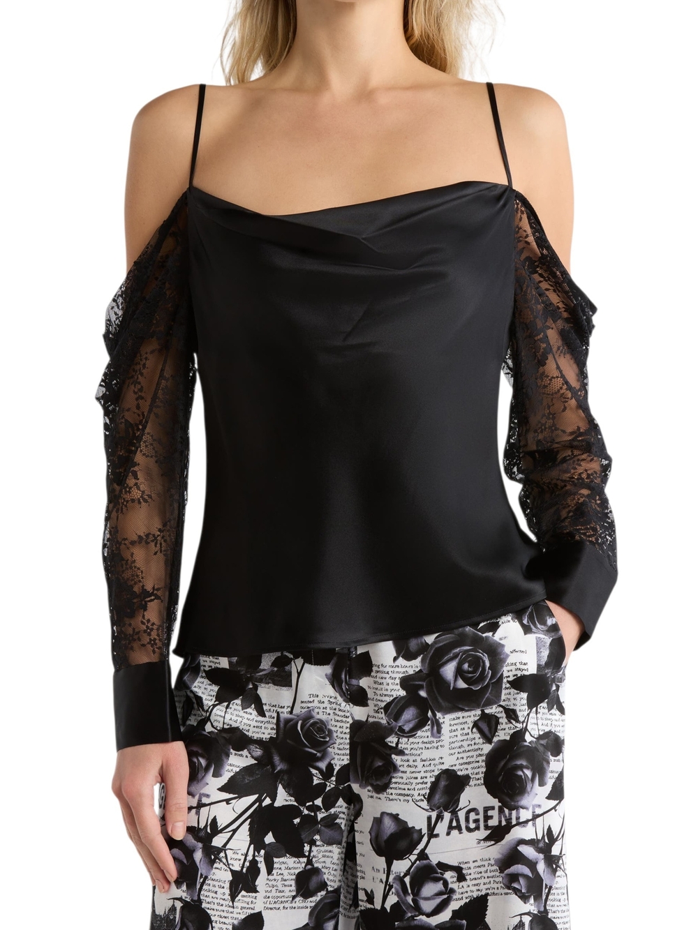 L'Agence Zion Black Silk Lace Cold Shoulder Top Blouse Size L